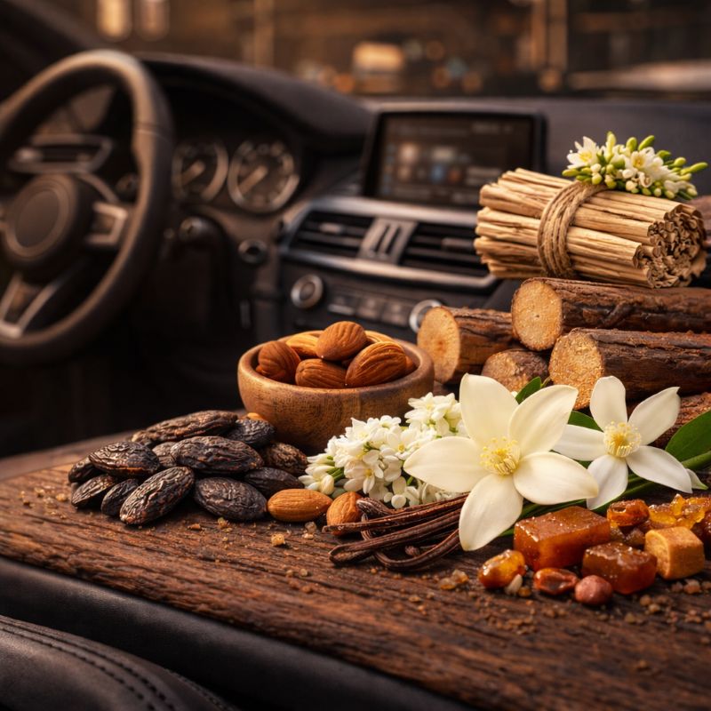 Diffuseur voiture Tonka Boisé ST’ART ambiance boisée et gourmande avec amande, fleur d’oranger, tonka, santal et vanille dans un intérieur de voiture élégant.