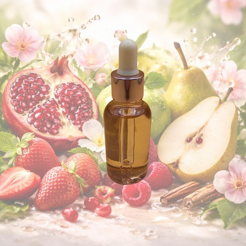 Flacon fondant liquide Grenade et Poire 30 ml avec pipette dorée, posé sur un décor fruité avec grenade, poire, fraise et fleurs