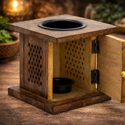 Brûleur en bois de manguier ouvert avec porte articulée, emplacement pour bougie chauffe-plat et diffusion d’huiles essentielles ou cires parfumées