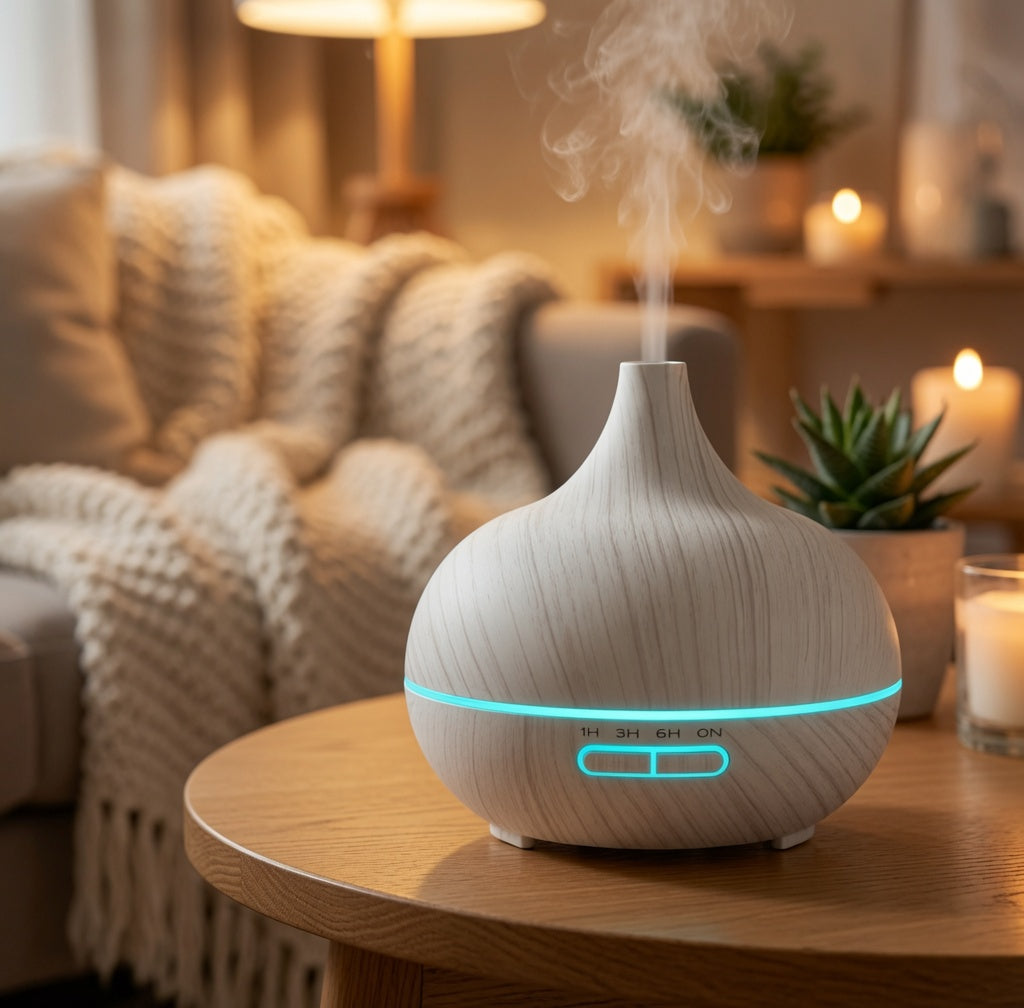Diffuseur ultrasonique Mistral effet bois blanc diffusant une brume dans un salon cosy.