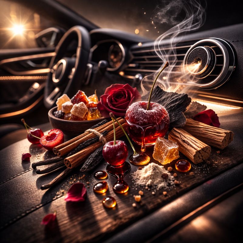 Diffuseur voiture Fruit Défendu ST’ART ambiance orientale fruitée avec cerise confite, cannelle, rose noire et bois fumé dans un intérieur de voiture élégant