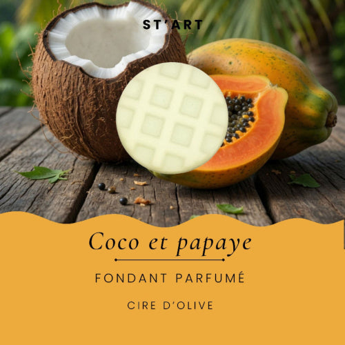 Fondant parfumé Coco et Papaye ST'ART en cire d'olive, gaufrette 8 g avec noix de coco et papaye fraîche