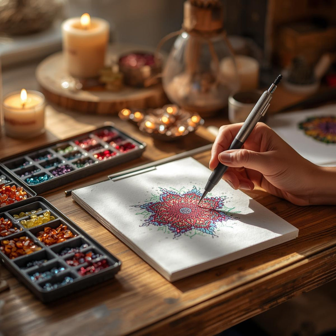 Diamond painting en cours sur une table en bois, main plaçant des strass colorés, ambiance chaleureuse avec bougies parfumées artisanales.