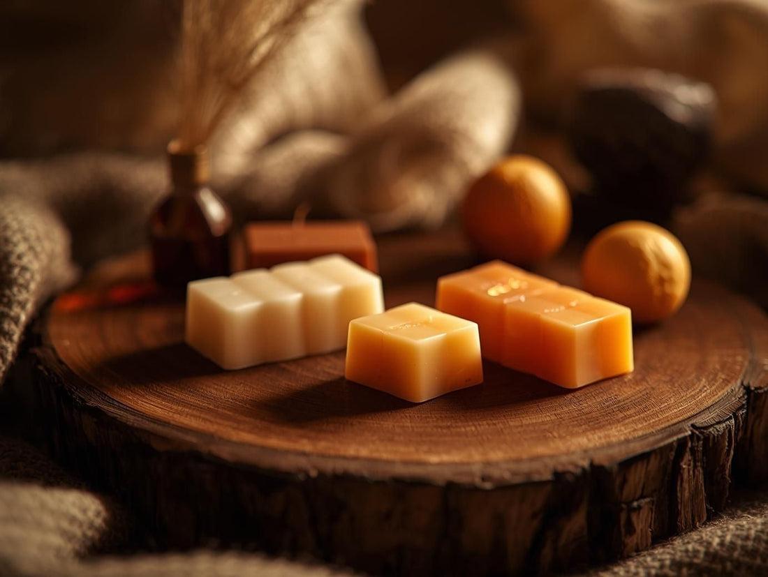 Fondants parfumés artisanaux ST’ART en cire naturelle, cubes de cire colorés sur fond en bois, décoration cocooning.