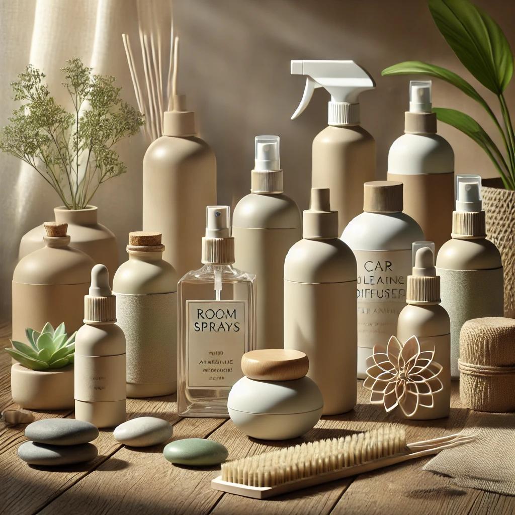 Ensemble élégant de produits de bien-être et d’entretien, incluant sprays d’ambiance, diffuseurs, flacons rechargeables et accessoires naturels, mis en scène sur une table en bois avec éléments végétaux