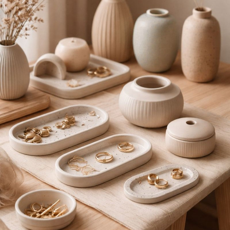 Objets de décoration et objets de maison artisanaux en jesmonite et résine, avec vide-poches, vases et contenants décoratifs aux formes épurées, disposés sur une table dans une ambiance douce et naturelle.