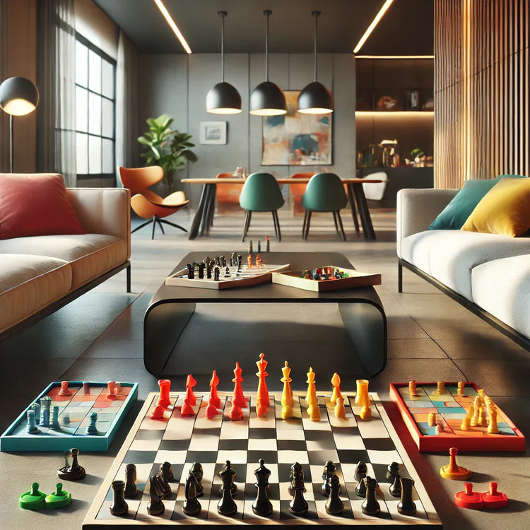 Salon moderne avec plusieurs jeux d’échecs colorés posés au sol et sur une table basse, ambiance chaleureuse et design contemporain.