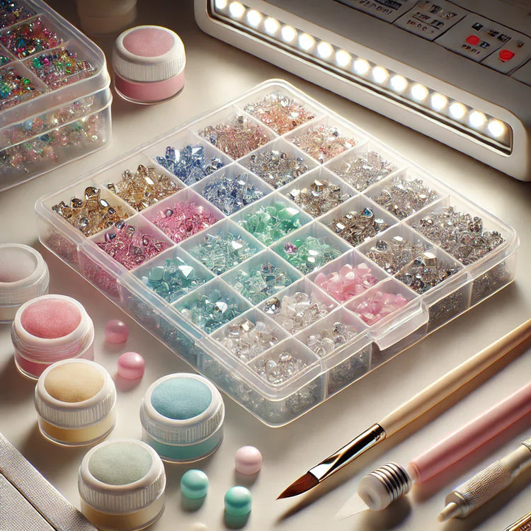 Kit d’accessoires pour diamond painting comprenant une boîte de rangement compartimentée avec strass colorés, cires, stylos, pinceau et lampe LED.