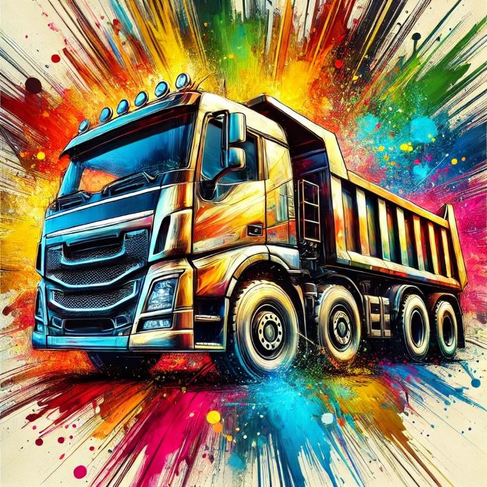 Camion benne stylisé dans une explosion de couleurs vives, illustré façon art digital pour un Diamond Painting dynamique et puissant.
