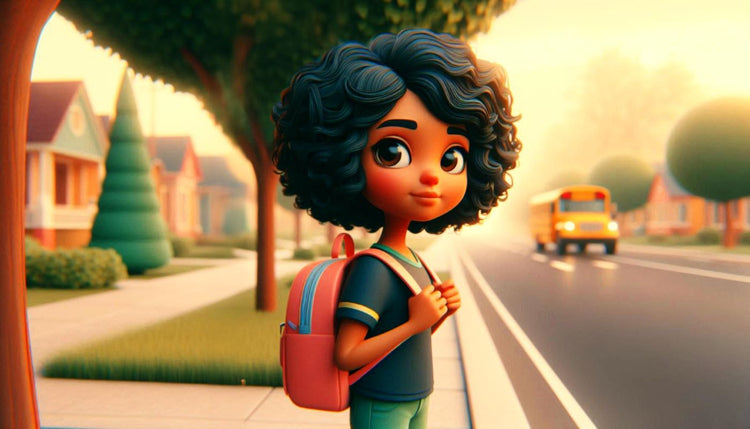 Jeune fille aux cheveux bouclés avec un sac à dos, marchant sur un trottoir au lever du jour, avec un bus scolaire en arrière-plan dans un quartier résidentiel.