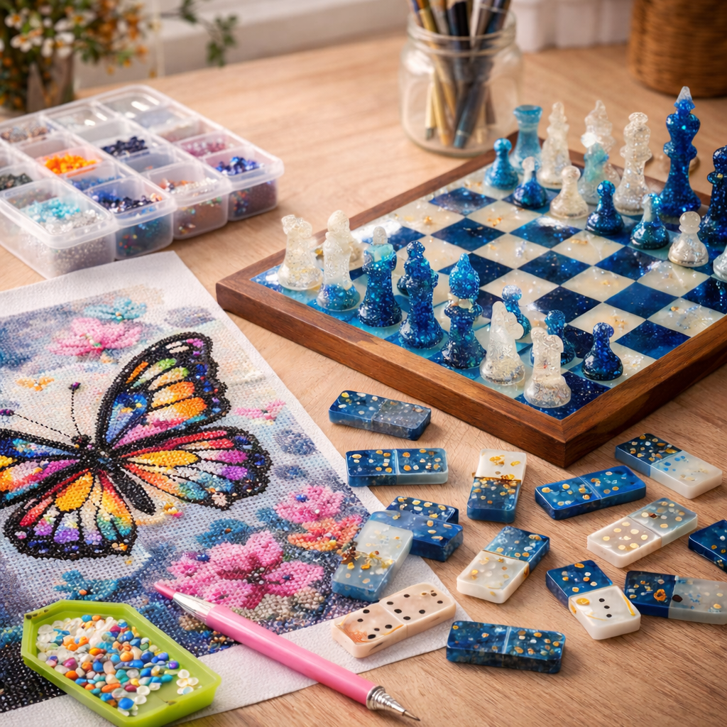 Diamond painting et jeux créatifs artisanaux avec toile en cours de réalisation, strass colorés, échiquier et dominos en résine, disposés sur une table de création dans une ambiance calme et inspirante.