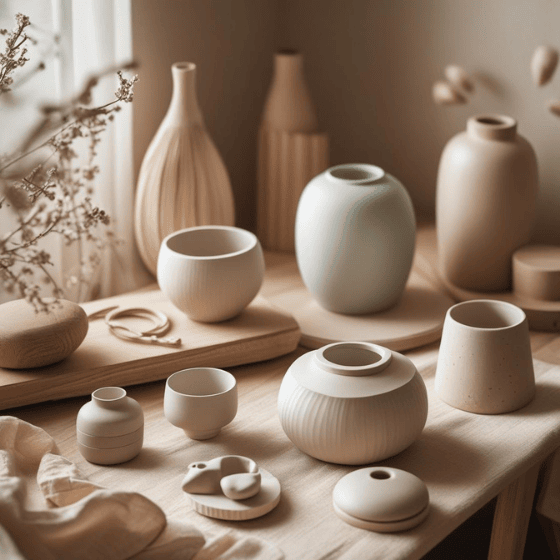 Collection de pots décoratifs en résine et jesmonite, formes variées et design minimaliste, posés sur une table en bois près d'une fenêtre, ambiance artisanale et naturelle.