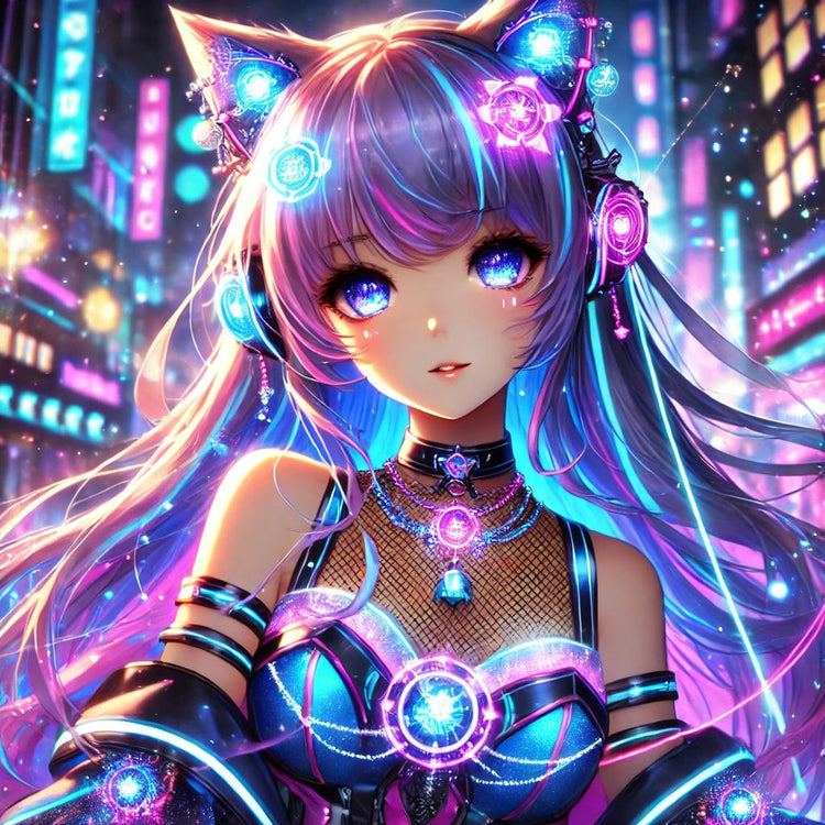 Jeune fille futuriste aux cheveux violets et bleus brillants, habillée dans un style cyberpunk kawaii, avec oreilles de chat lumineuses et décor urbain néon en arrière-plan.
