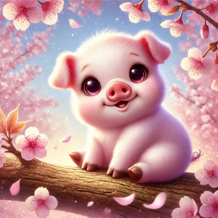 Petit cochon rose au regard attendrissant, assis sur une branche fleurie de cerisiers en fleurs, dans une scène lumineuse et printanière.