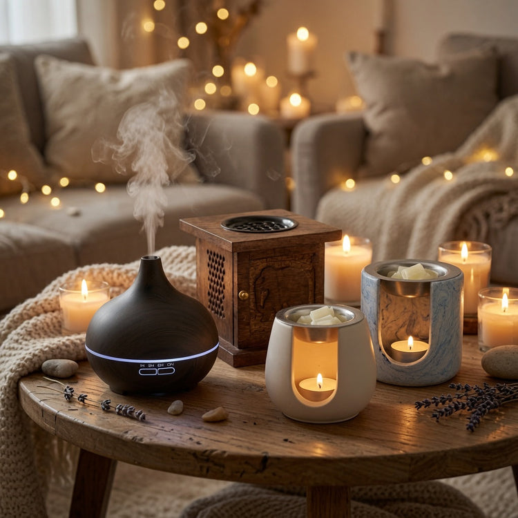 Diffuseur ultrasonique effet bois noir et brûle-parfums en céramique et en bois sur une table basse, dans un salon chaleureux