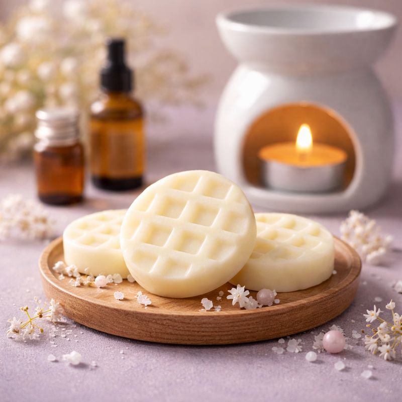 Fondant parfumé gaufrette ST’ART en cire d’olive, utilisé dans un brûle-parfum pour diffuser une ambiance douce et chaleureuse
