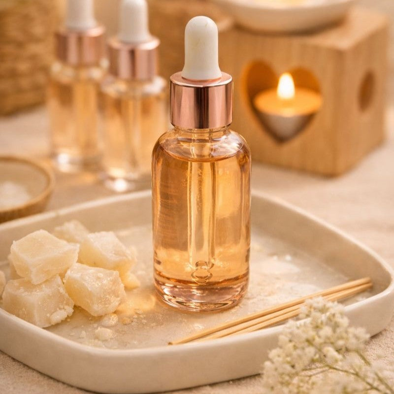 Fondant liquide parfumé artisanal en flacon pipette, utilisé avec un brûle-parfum, mise en scène chaleureuse aux tons doux.