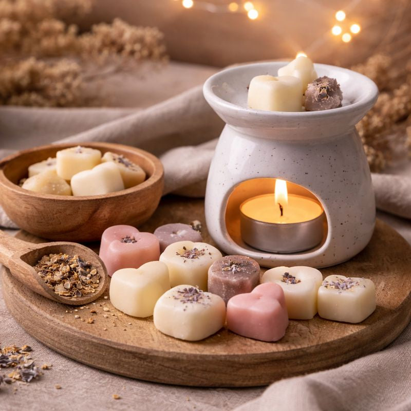 Fondants parfumés artisanaux en cire, disposés sur un plateau en bois avec brûle-parfum en céramique, dans une ambiance douce, chaleureuse et cocooning.
