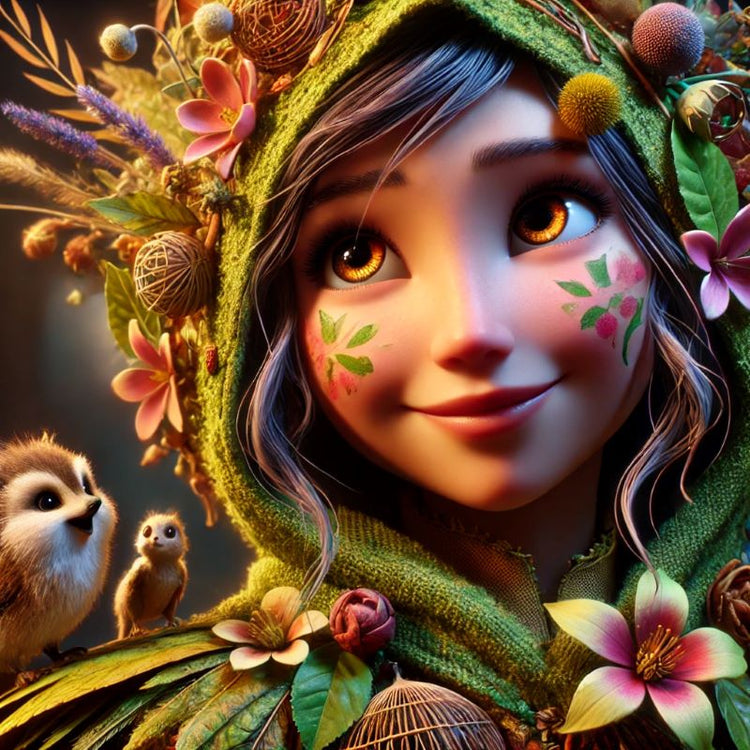 Jeune femme vêtue de feuillage et de fleurs, au visage peint de motifs végétaux, souriante, entourée d’animaux mignons dans un décor forestier féerique.