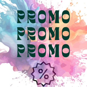 Visuel coloré avec texte PROMO et symbole pourcentage – promotions et offres spéciales ST’ART
