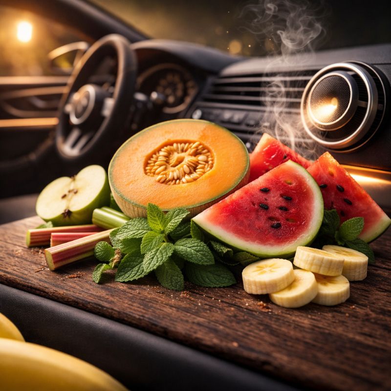 Diffuseur voiture Melon ST’ART ambiance fruitée et fraîche avec melon, pastèque, rhubarbe et menthe dans un intérieur de voiture élégant