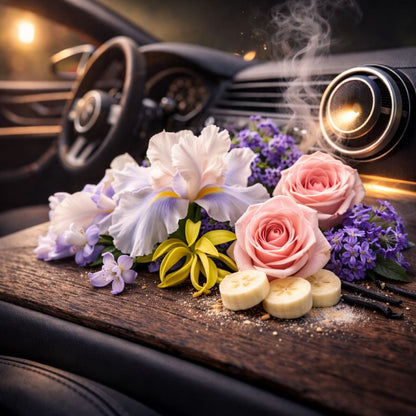 Diffuseur voiture Talco ST’ART ambiance florale et poudrée avec iris, rose, musc et vanille dans un intérieur de voiture élégant