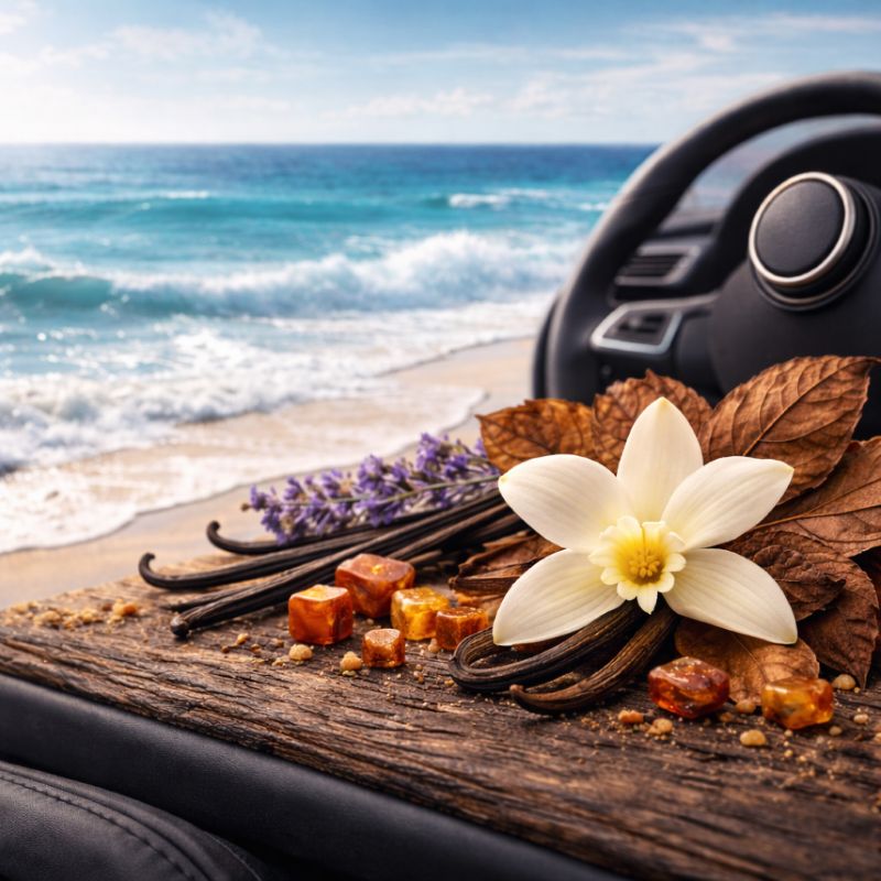 Diffuseur voiture Vanille & Patchouli ST’ART ambiance vanillée et ambrée avec vanille, patchouli, ambre et praline dans un intérieur de voiture face à la mer