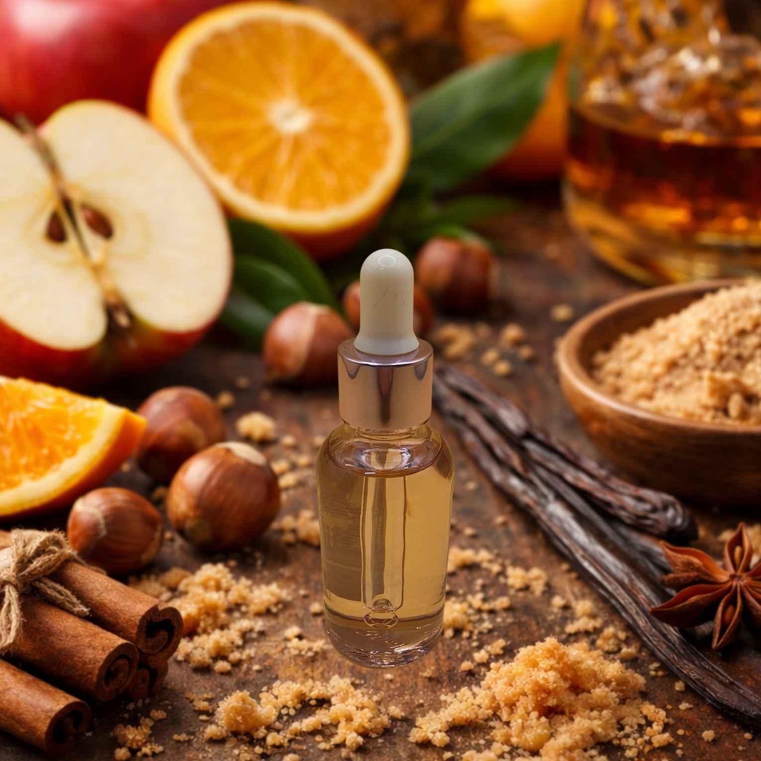 Flacon de fondant liquide Crumble Pomme 30 ml avec pipette dorée, posé sur un décor gourmand avec pomme, orange, cannelle, vanille et sucre roux