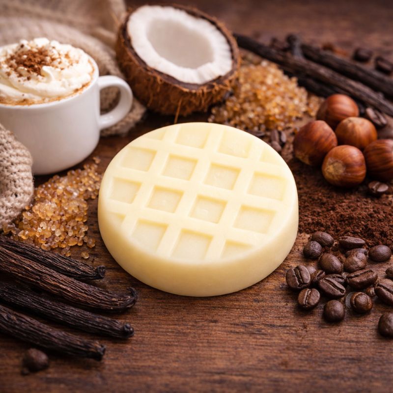 Fondant parfumé artisanal Mocaccino de Noël en cire d’olive, entouré de grains de café, vanille, noix de coco et noisettes dans une ambiance gourmande et chaleureuse.