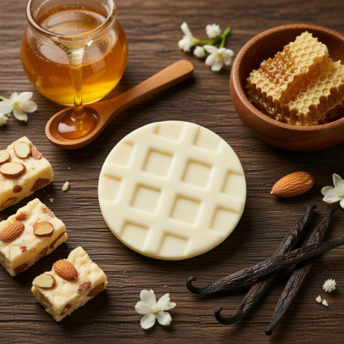 Fondant parfumé Nougat Blanc en cire d’olive présenté avec du miel liquide, des morceaux de nougat aux amandes, des gousses de vanille et des fleurs blanches sur un fond en bois sombre