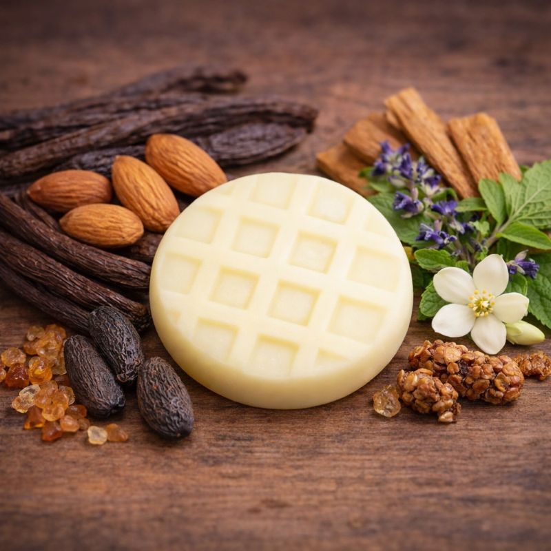 Fondant parfumé artisanal Tonka Boisé en cire d’olive, présenté avec fève tonka, amandes et notes boisées sur fond chaleureux ambiance cocooning