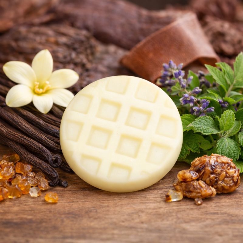 Fondant parfumé artisanal Vanille & Patchouli en cire d’olive, présenté avec vanille, patchouli et notes boisées sur fond chaleureux ambiance cocooning.