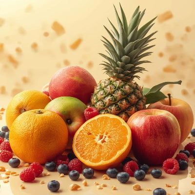 Illustration olfactive d’un parfum aux fruits exotiques mêlant ananas, agrumes et fruits rouges pour une senteur fraîche, sucrée et lumineuse