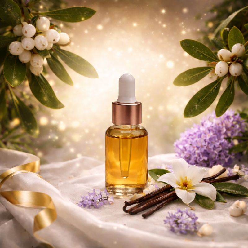 Ambiance parfumée florale et végétale autour du gui, du lilas et de la vanille, mise en scène raffinée pour recharge diffuseur voiture