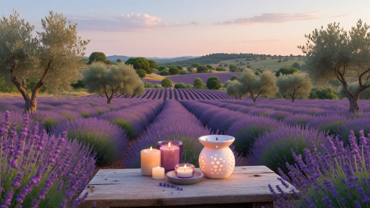 Bougies artisanales et brûle-fondant disposés sur une table en bois au cœur des champs de lavande de Provence, ambiance cocooning au coucher du soleil — ST'ART créations