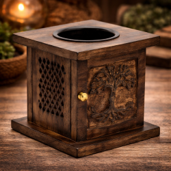 Brûleur en bois de manguier avec motif Arbre de Vie sculpté, diffuseur pour huiles essentielles ou cires parfumées, objet décoratif zen