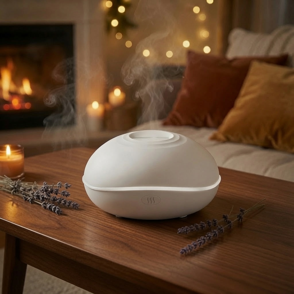 Diffuseur ultrasonique Galet blanc diffusant une brume parfumée sur une table en bois