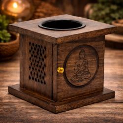 Brûleur en bois de manguier avec motif Bouddha gravé, diffuseur pour huiles essentielles ou cires parfumées, ambiance zen et décorative