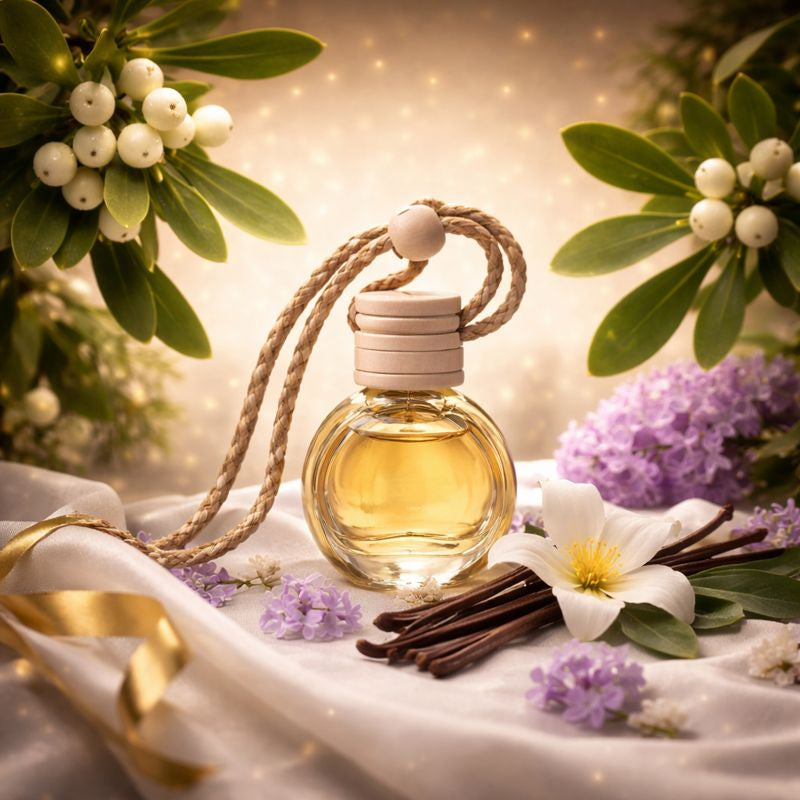Ambiance parfumée florale et végétale évoquant le gui, le lilas et la vanille, dans un univers doux et élégant