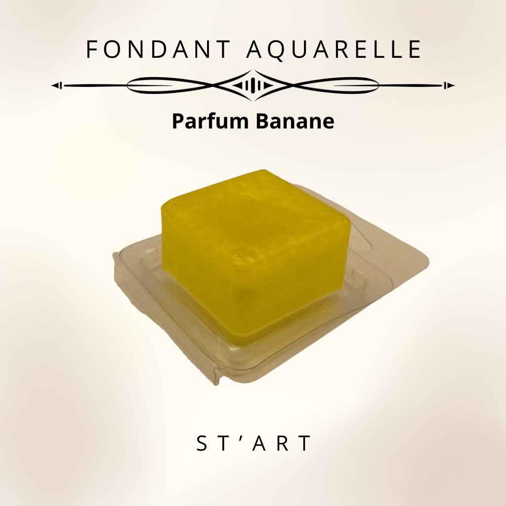 Fondant Aquarelle Banane, cube de gel cristal jaune translucide dans son blister individuel – ST'ART