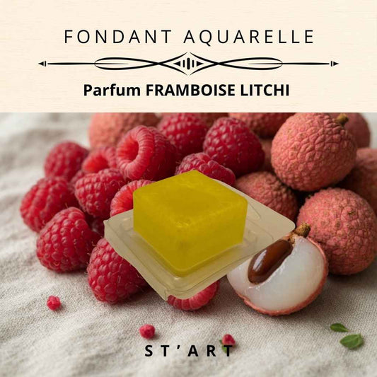 Fondant Aquarelle Framboise Litchi, cube de gel cristal translucide dans son blister, posé parmi des framboises et des litchis – ST'ART