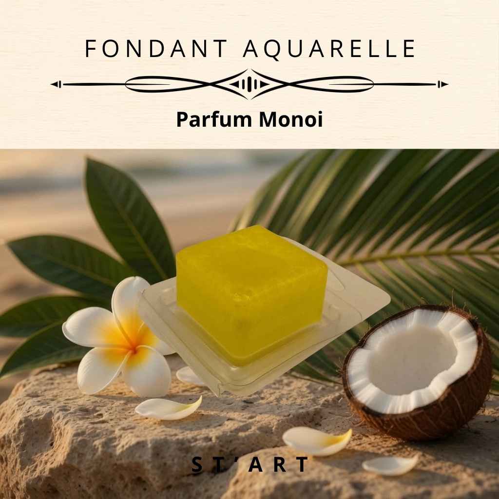 Fondant Aquarelle Monoï, cube de gel cristal translucide dans son blister, posé avec une fleur de tiaré et une noix de coco – ST'ART