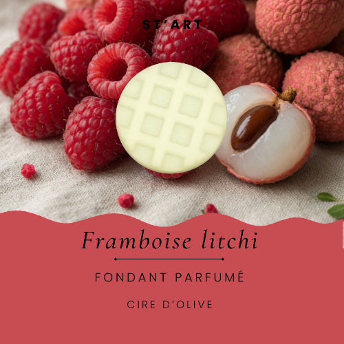 Fondant parfumé Framboise Litchi ST'ART en cire d'olive, gaufrette 8 g avec framboises et litchis frais