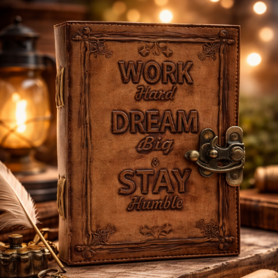Journal créatif en cuir beige avec message gravé Work Hard Dream Big Stay Humble, carnet vintage pour diamond painting et loisirs créatifs